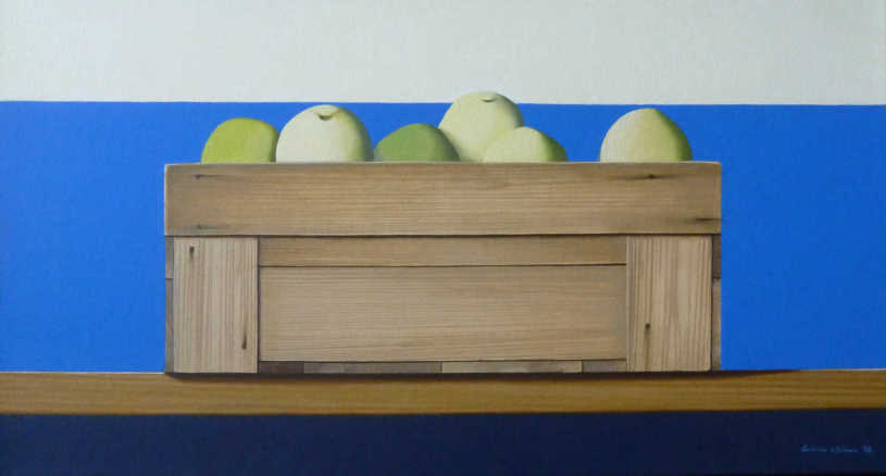 Box with apples 2018 oil on canvas 30 x 56 cm